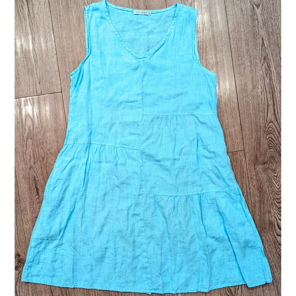 Cut Loose Blue Linen‎ Stripe Patch Dress Sleeveless V-Neck Shift Medium 4200784 - Picture 2 of 5